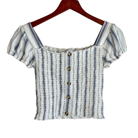 Mudd Womens Striped Button Front Smocked Puff Sleeve Top White Blue Size Small - Picture 1 of 14
